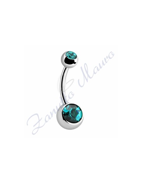 Navel piercing with 2 blue zircon crystals 5/8 mm 8 in 316L steel
