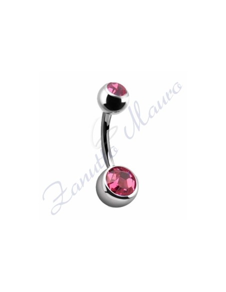 Piercing ombelico con 2 cristalli rosa 5/8 mm  8 in acciaio 316L