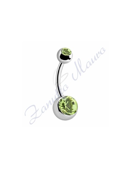 Navel piercing with 2 light green crystals 5/8 mm 12 in 316L steel
