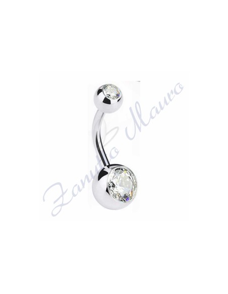 Navel piercing with 2 white crystals 5/8 mm 14 in 316L steel